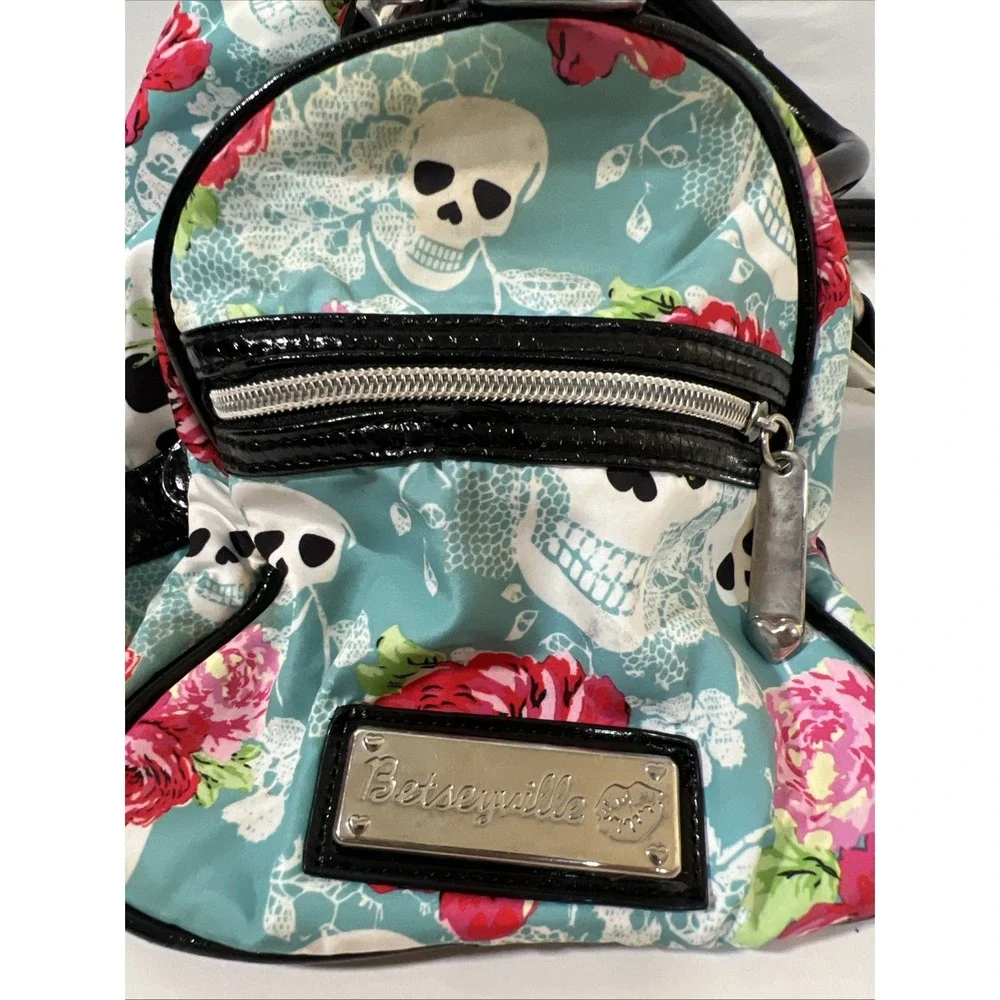 Betseyville  Skull Rose Print Hobo Shoulder Bag Studded Betsey Johnson Y2K
